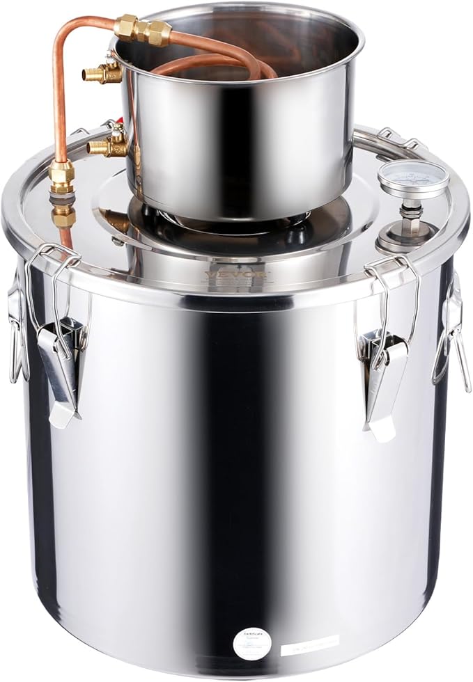 VEVOR Alcohol Still, 8 Gal / 30 L Stainless Steel Water Alcohol Distiller with Copper Coil, Home Brewing Refining Fermentation Kit with Thermometer, for Wine Whisky Brandy, Silver