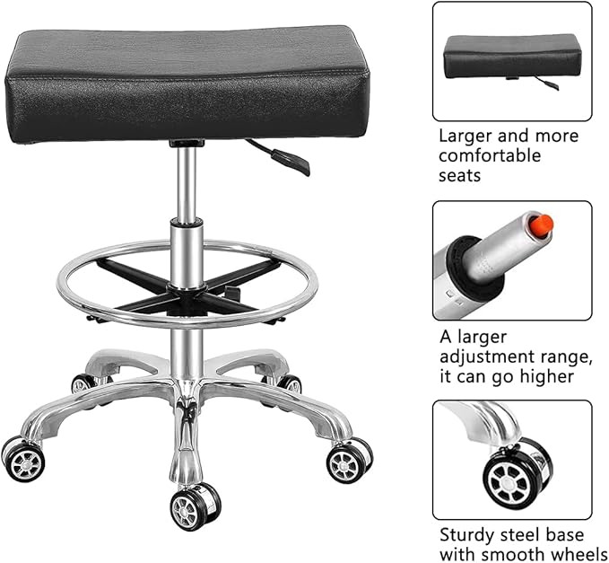Antlu Adjustable Rolling Swivel Stool Chair for Massage Office Tattoo Kitchen, Work Heavy Duty Stool with Wheels (Black, with Foot Rest)