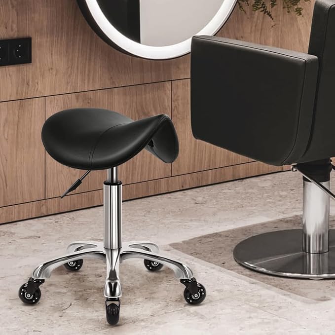 Heavy Duty Saddle Rolling Stool with Wheels Hydraulic Swivel Adjustable Rolling Stool Ergonomic Thick Leather Seat Chair for Kitchen Drafting Lab Office Salon Massage – Black