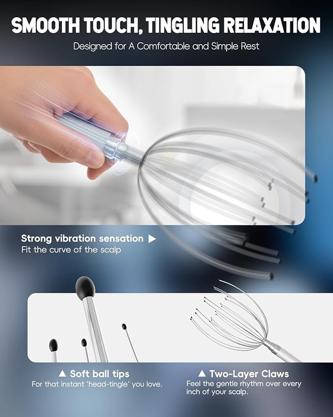 Head Massager Scalp Stress Relief, Rechargable Electric Scalp Massager, Handheld Vibrating Head Scratchers with 20 Metal Fingers for Hair Scalp Massage Relaxation Self-Care