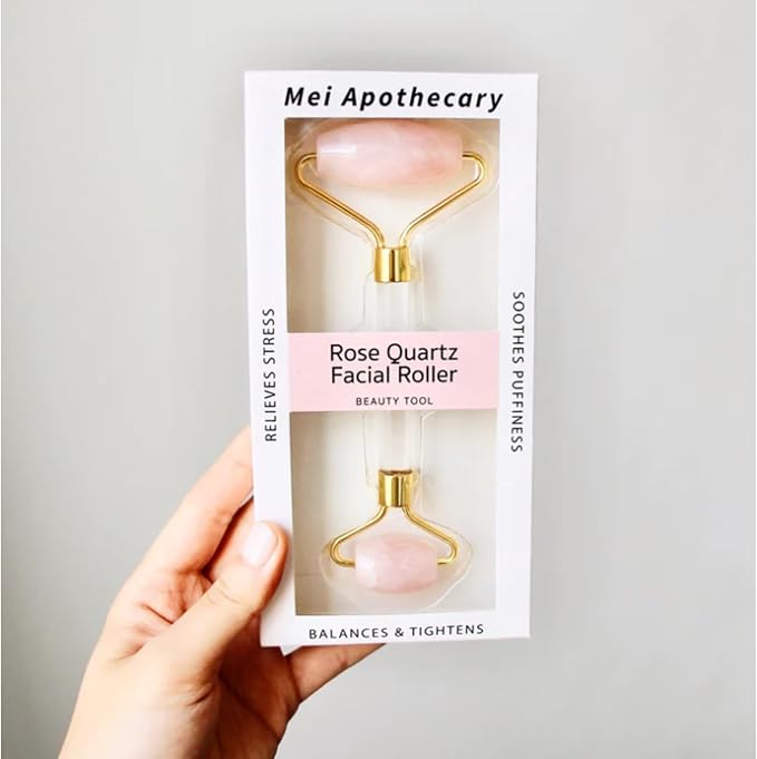 Mei Apothecary Rose Quartz Facial Roller, Authentic Face Roller for Puffiness, Depuffing Eye Roller & Face Massage Tool