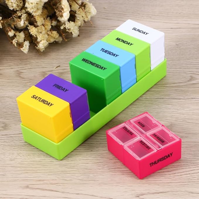 7-Day Weekly Pill Organizer with 28 Compartments 4 Daily Sections Colorful Medicine Box with Push Button Lids for Easy Medication Management at Home