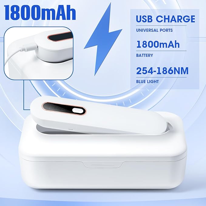 Nail Tool Sterilizer Box - Portable Recharging Nail Tool Cleaner Box Container Plastic Sterilizer Machine for Nail Tools,Tweezers,Hair Salon,Tattoo,Jewelry, Phone (White)