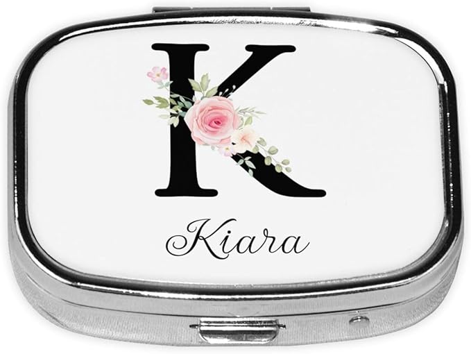 Custom Pill Box Personalized Square Small Pill Case with Mirror Add Your Photo Text Logo Name Decorative 2 Compartment Portable Metal Medicine Container Vitamin Organizer for Pocket Purse Travel (K)
