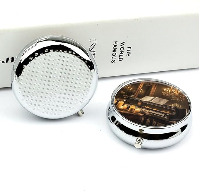 an Old Piano Pill Box 3 Compartment Small Pill Case Portable Pill Box for Pocket Or Purse Round Metal Pill Box Cute Medicine Organizer Holder to Hold Vitamins Medication