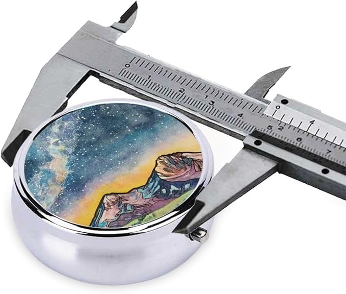 Metal Silver 3 Compartment Pill Box Pocket Portable Mini Travel Pill Case Small Round Decorative Medicine Box Vitamin Pill Organizer with Starry Sky Mountain