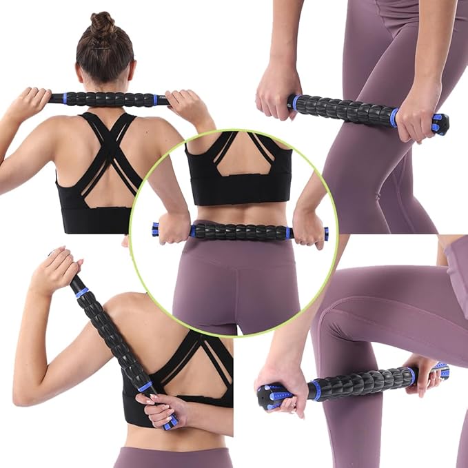 Muscle Roller Massage Roller Stick- Deep Tissue Fascia Blaster for Myofascial Pain Relief, Lymphatic Drainage & Body Sculpting, Handheld Physical Therapy & Recovery Tool (Blue black-18 inch)