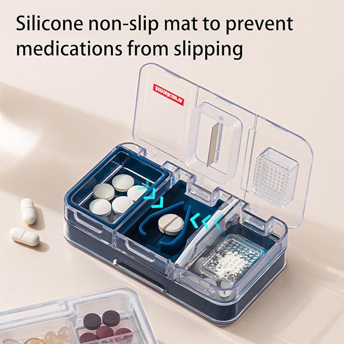 Double-Layered Multifunctional Pill Organizer with Pill Cutter, Crusher, and Splitter – Travel Size Pill Box