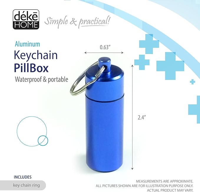 Deke Home - Waterproof Aluminum Pill Box Keychain, Mini Travel Pill Holder Case, Portable Medicine & Vitamin Organizer, Food Grade, Airtight Dispenser, Pocket Container for Daily Use