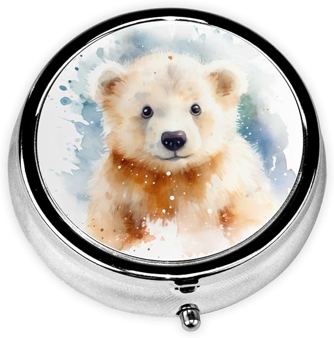 Watercolor Cute Baby Polar Bear Pill Box 3 Compartment Pill Case, Portable Medicine Pill Organizer for Pocket Purse Pill Box Decorative Metal Medicine Vitamin Organizer