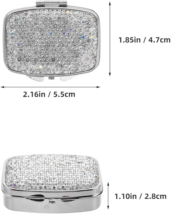 Portable Mini Pill Organizer Elegant Rhinestone 2 Compartment Crystal Small Pill Box Travel Medicine Case for Vitamins Liver Oil