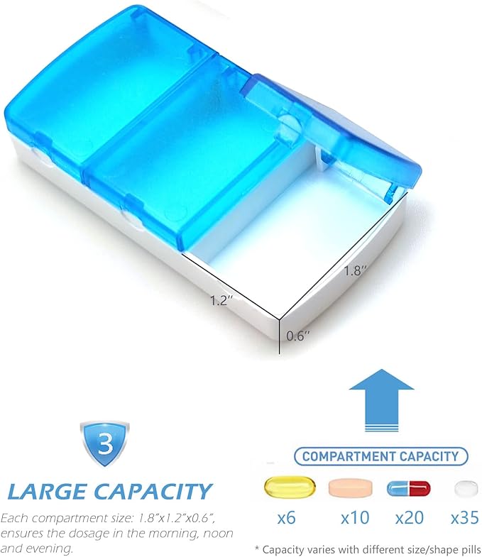 VOFOON Small Pill Organizer 3 Times a Day Daily 2 Pack, Travel Pill Box for Purse Pocket, 3 Compartment Portable Medicine Vitamin Case, Fish Oil Pouch, Supplement Box