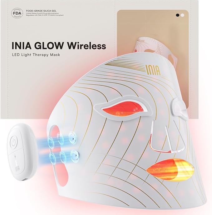 INIA Red Light Therapy Mask for Face, Glow Wireless LED Face Mask Light Therapy with Near-Infrared Red Light (NIR), Rechargeable and Ergonomic Design for Home & Travel