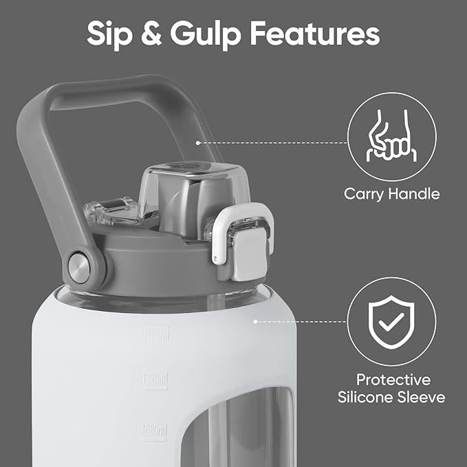72oz Glass Water Bottle with 2-IN-1 Straw &Chug Lid, Large Motivational Glass Bottle with Capacity Marker and Silicone Sleeve, 2.1Liter Gallon Water Jug for Home, Sports, Gym, BPA Free-White