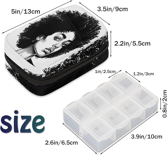 African Curly Hair Art Travel Pill Organizer Box Weekly Portable Pill Case Daily Pills 7 Day Small Birth Control Pills Container Removable Compartments for Medicine Vitamins Fish Oil
