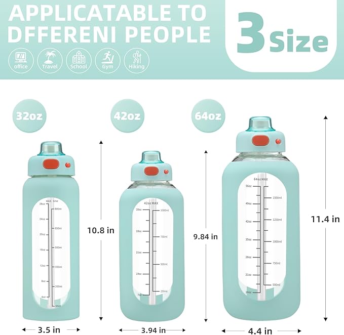 SIEROZUR 64 oz Glass Water Bottle with Straw and Handle Half Gallon Large Water Bottle with Silicone Sleeve and Time Marker Sports Water Jug Wide Mouth for Travel Gym