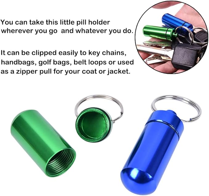 AKOAK 2 Pcs Colorful Round Aluminum Alloy Pill Bottle, Emergency Jar, Waterproof Outdoor Travel Portable Pill Bottle Key Chain (Dark Blue)