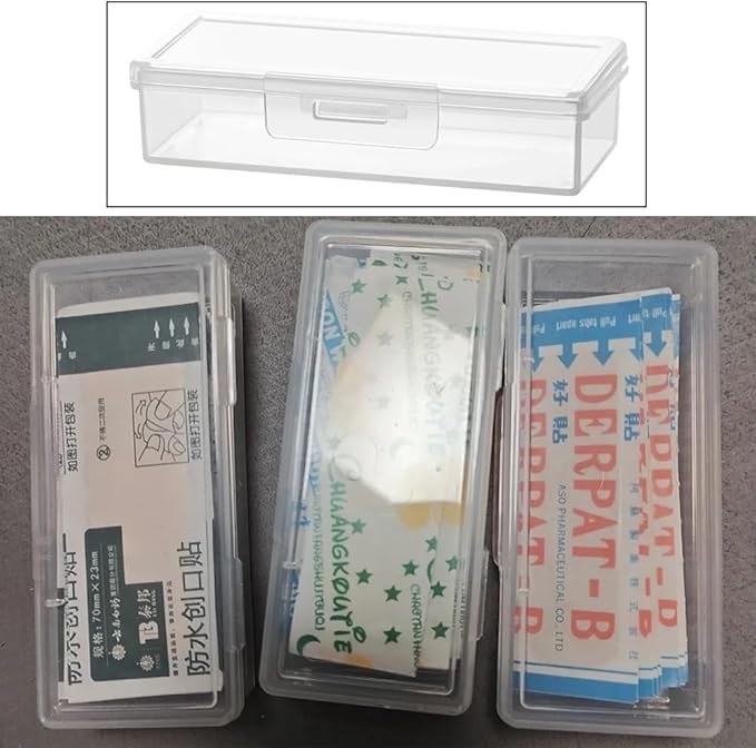 4 Pack Adhesive Bandages Organizer with Lid Clear Bandage Storage Box Containers Case Small Portable Travel First Aid Box for Flexible Fabric Adhesive Bandages Medicine Pills Capsules Camping