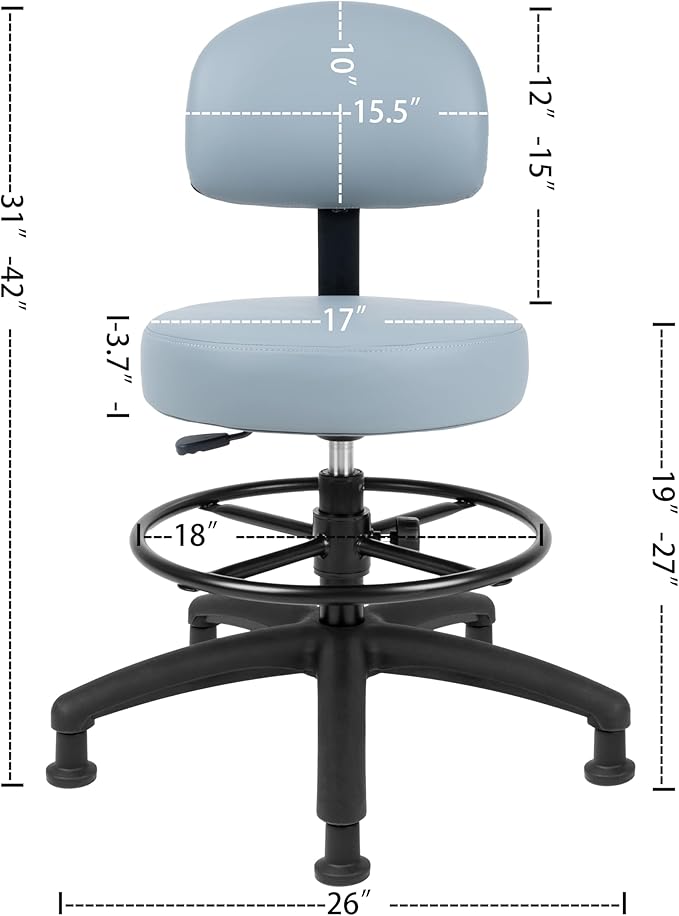 TAKE UR SEAT® Economical Multi-Purpose Medical Spa Drafting Stool with Adjustable seat and Back Height. Advanced Fabric seat Cover is Easy to Clean. Glide (Med. Bench Height Grey)