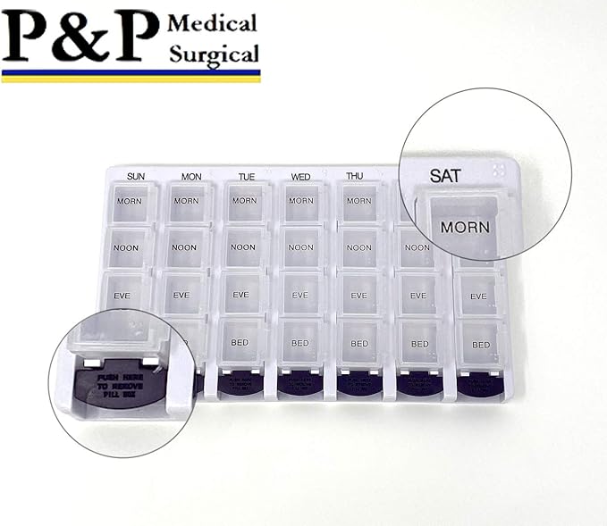 Weekly AM/PM Pill Box Portable Travel Prescription & Medication Pill Case Organizer (7-Day / 4-Times-A-Day) with Large Removable Compartments and Moisture-Proof Design Box of 1