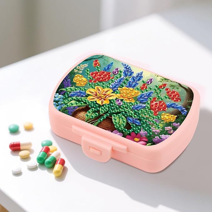 C'eitura 2pcs DIY Flower & Butterfly Diamond Art Painting Pink Pill Organizer with 6 Lid Detachable Compartments, Fun DIY Craft Project for Adults, Elegant Pill Case for Purse & Travel