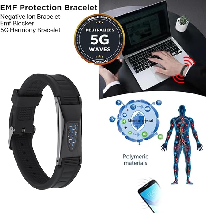 Protection Necklace and Bracelet (Set), Phone - Wifi - Wristband for Well-being - 7 Natural Energy Elements, Magnetic Bracelet - Waterproof and Fits All Wrists, Circulation, Energy & Balance (Black)