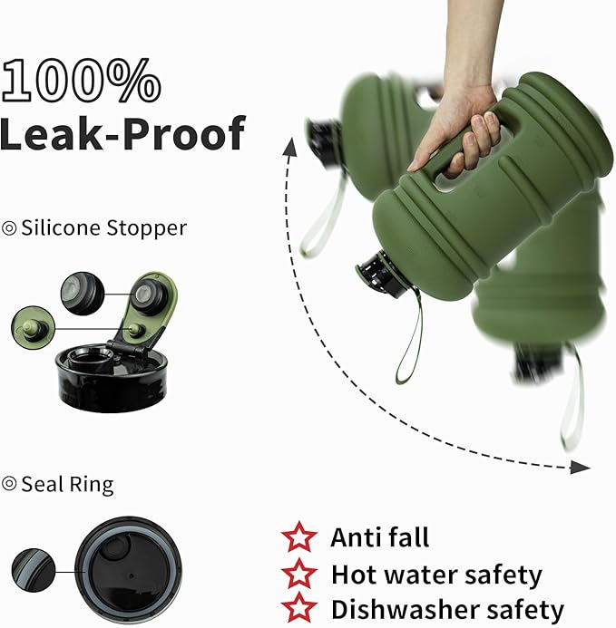 TOOFEEL 1 Gallon Water Bottle,Leakproof,Bpa Free,Dishwasher Safe,128 oz Large Water Jug wiht Handle,Travel & Camping & Sports & Gym Water Bottle For Men and Women - Olive Bottle