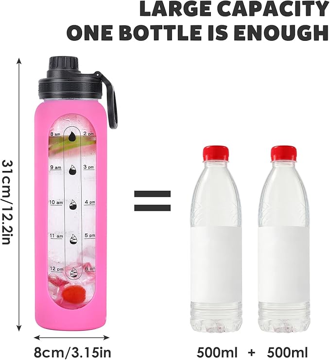 GIEMIT Glass Water Bottles 32oz with Silicone Sleeve Drinking Hydration Bottles Reusable Borosilicate Wide Mouth Motivational Water Flask Canteen with Time Marker Spout Lid and Brush (Rose Red-32 oz)