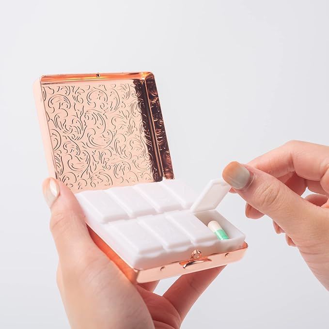 Fashion Elegant Medicine Portable Double Protection Switch Metal Travel Pill Box (7 Days) /8 Compartment (Pink)