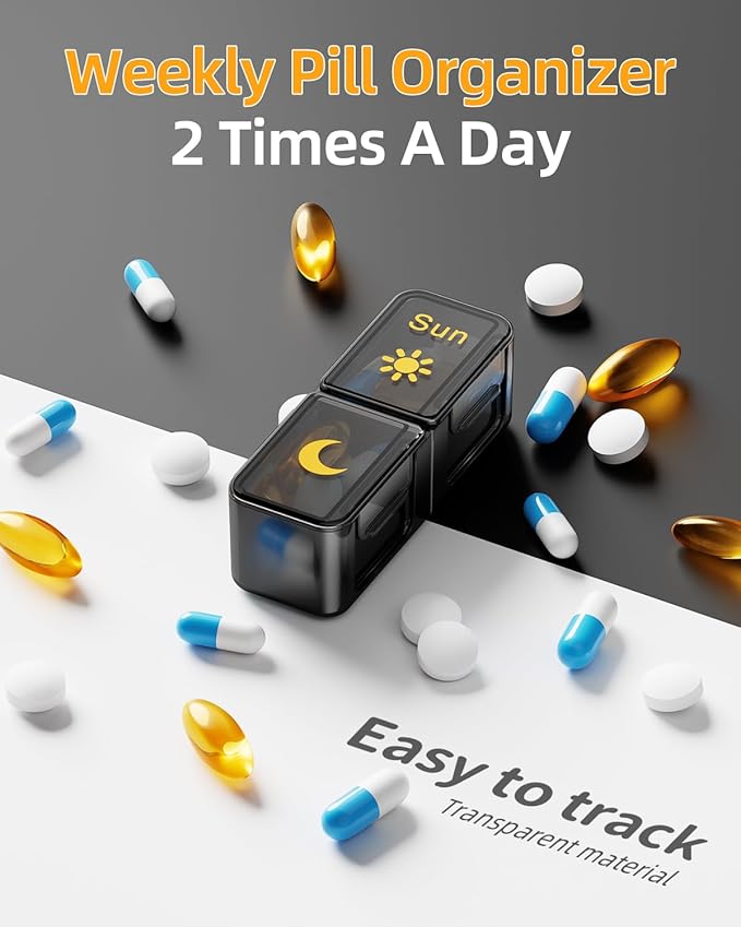 AM PM Pill Organizer 2 Times A Day, 7 Day Pill Box Weekly Pill Organizer Travel with Separate Container, Portable Daily Medicine Planner Dispenser Case for Vitamin, Fish Oils, Supplements（BlackGold）