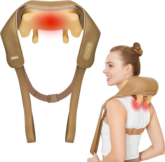 Neck Massager for Pain Relief Deep Tissue with Heat -Cordless Shiatsu 6D Kneading Massage for Neck,Shoulder,Christmas Gifts for Women/Men/Mom/Dad（PU-Yellow Brown）