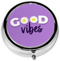 Metal Pill Organizer - 3-Compartment Mini Round Pill Case for Pocket & Purse, Portable Vitamin Holder, Easy-Open Design for Travel - Good Vibes