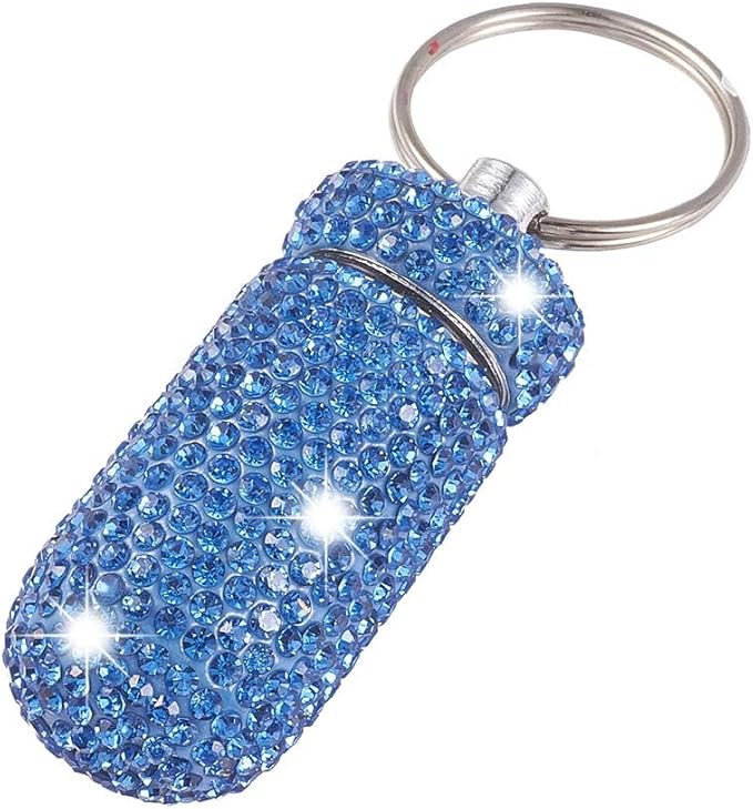 XhuangTech Waterproof Keychain Pill Box Bling Round Medicine Organizer Holder Container Aluminum Portable Mini Bottle Storage Case for Outdoor Travel Camping Purse Pocket (Light Blue)