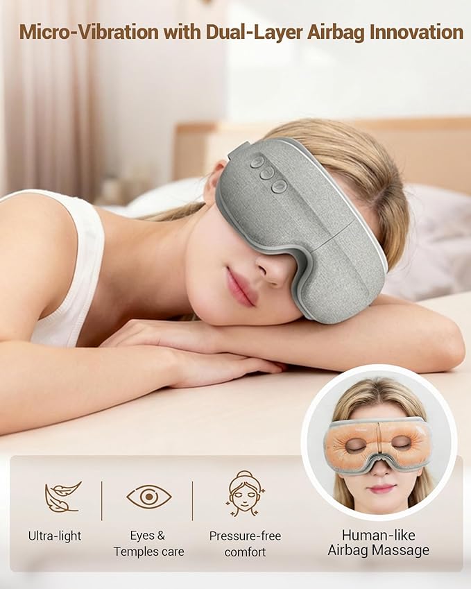 Eye Massager with Heat and Cooling, 5 Massage Modes for Eye Dry Fatigure and Migraines Relief, Lightweight Foldable for Office Home Travel Stress Relief, Gift for Women Men (Grey)