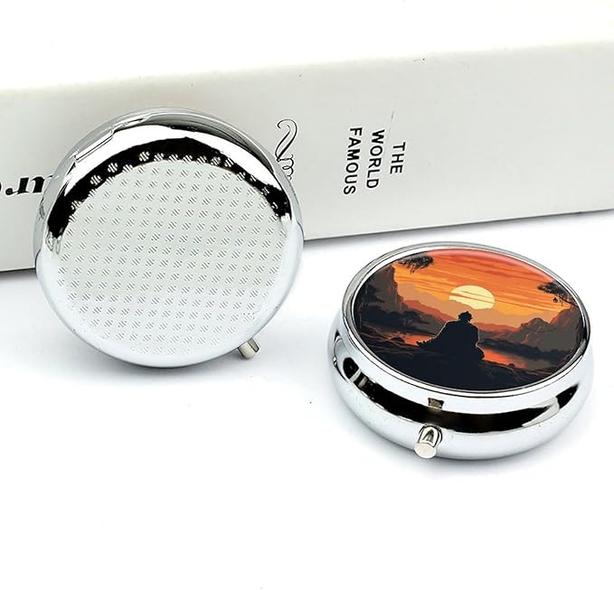 Buddha Silhouette Pill Box 3 Compartment Small Pill Case Portable Pill Box for Pocket Or Purse Round Metal Pill Box Cute Medicine Organizer Holder to Hold Vitamins Medication