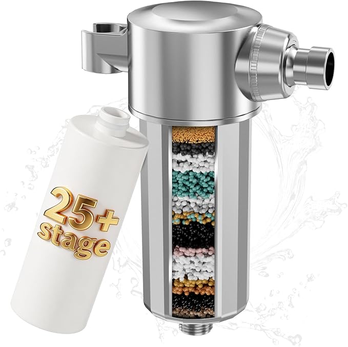 25+Stage Handheld Shower Water Filter with KDF 55 - Advanced Remove Heavy Metals and Chlorine, Leak-Proof Aluminum Design, Suitable for Sensitive Skin and Hair Care