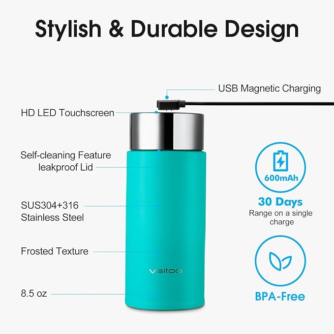 Vsitoo 8.5oz self-cleaning Mini Insulated Water Bottle,Stainless Steel Vacuum Flask,AI Self-Clean,30-Day Battery Life,BPA-Free,Perfect Small Water Bottle for Travel, Purse,Blue