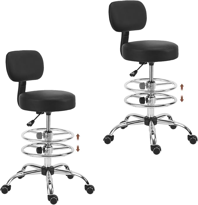 Drafting Stool Chair with Ergonomic Backrest & Footrest, Padded Leather Seat Adjustable Height 360° Swivel Rolling Stools, Tall Office Chair for Standing Desk, Counter, Medical, Black, 2 Pack