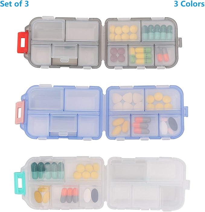Pill Case (3 Pack) - Portable Small Supplements Tablet Container Box with 10 Compartments - Medicine Capsule Vitamin Fold Flip Organizer Dispenser Holder Storage for Travel Trip Pocket Purse