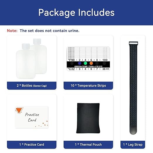 Urine Test Complete Kit - Smaller 3oz Translucent Empty Bottle, Non-Falling and Hi-Stretch Hidden Leg Strap, Urine Test Temperature Strips and Velour Lining Sample Bag, Urine Test Practice Kit at Home