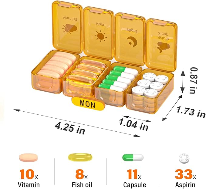 Weekly Pill Organizer 4 Times a Day, Large Compartments Pill Box 4X 7 Day, Medicine Organizer Pill Case for Pills/Vitamins/Fish Oils/Medication/Supplements (Yellow)