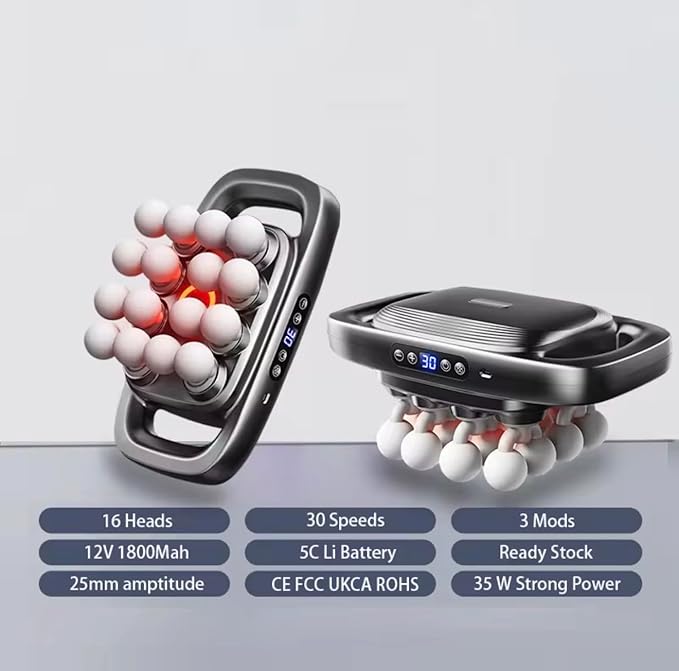 Massage Gun with 16 Heads, 30 Speeds, Red Light Therapy, Cordless Deep Tissue, Black, 12V 1800mAh Battery, 25mm Amplitude