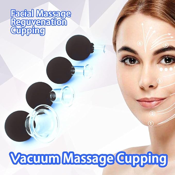 FeelFree Sport 4 Pieces Glass Facial Suction Cupping Set-Silicone Vacuum Suction Massage Cups Anti Cellulite Lymphatic Therapy Sets for Eyes, Face and Body (Black)