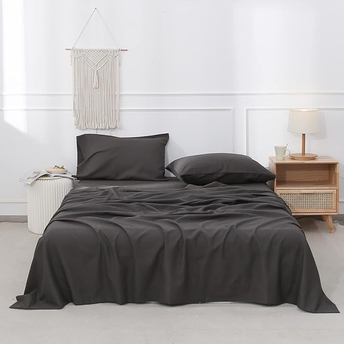 Simple&Opulence Belgian Linen Sheet Set Solid Color - 4 Pieces (1 Flat Sheet, 1 Fitted Sheet & 2 Pillowcases) Natural Flax Cotton Blend Soft Breathable Farmhouse Bedding - King Size, Dark Grey