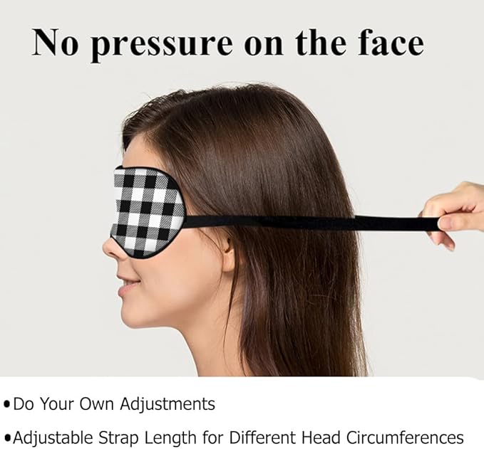 Black and White Plaid Silk Eye Mask Sleep Mask Tartan Checkerboard Squares Pattern Eye Mask with Adjustable Strap Lightweight for Women Work Travel