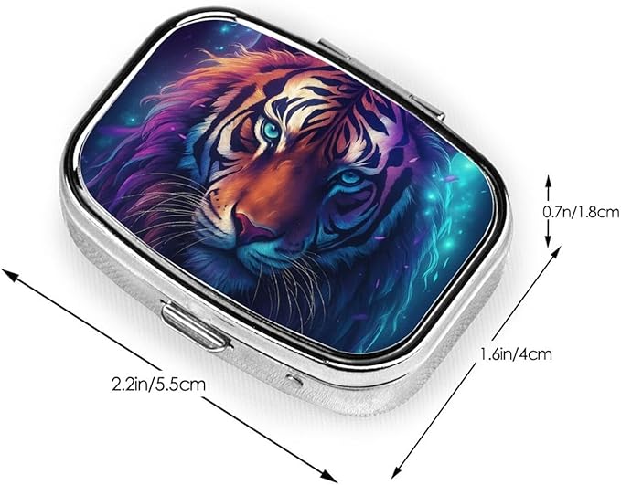 Enchantig Tiger Pill Box with Mirror 2 Compartments Square Pill Organizer for Pocket