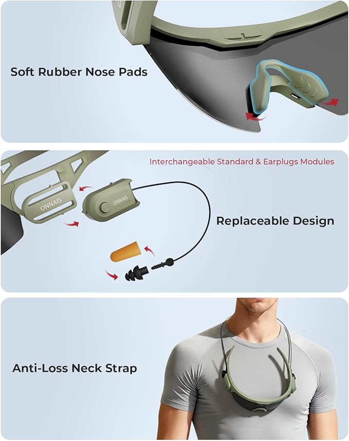 ONNAIS Shooting Glasses with Earplugs - ANSI Z87.1+ Safety Glasses with Detachable NRR 32dB Earplugs, Gifts for Men and Women