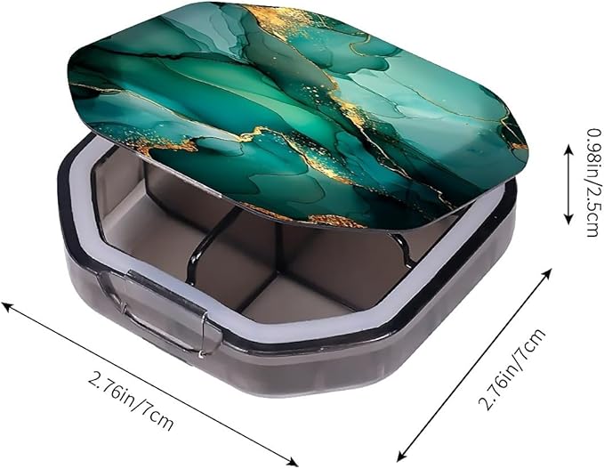 This Portable Teal Gold Marble Pattern 4-Compartment Pillbox Can Be Placed in A Pocket Or Wallet to Store Vitamins, Medicines Fish Oil Health Supplements Other Medications.