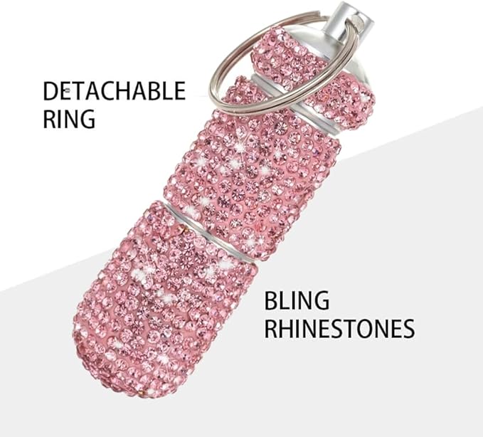 Bling Pill Case Portable Travel Pill Container Bottle Rhinestone Waterproof Small Pill Holder with Keychain Cute Mini Pill Storage Box (Pink)