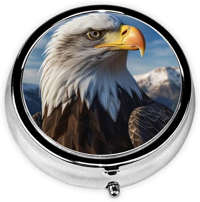 Pill Box 3 Compartment Medicine Pill Organizer American Bald Eagle Round Pill Case for Purse & Pocket Travel Pillbox Portable Metal Medicine Vitamin Fish Oil Organizer Unique Gift
